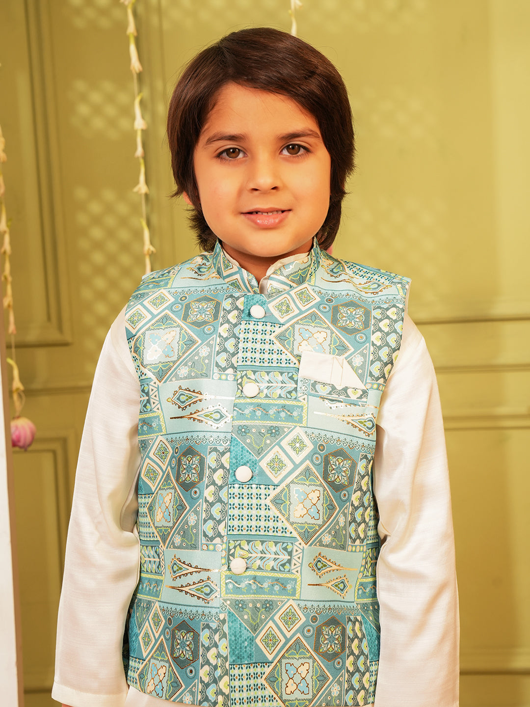 Sky-blue Printed and Shinny Cotton Blend Kurta Pyjama Waist Coat Set For Boys