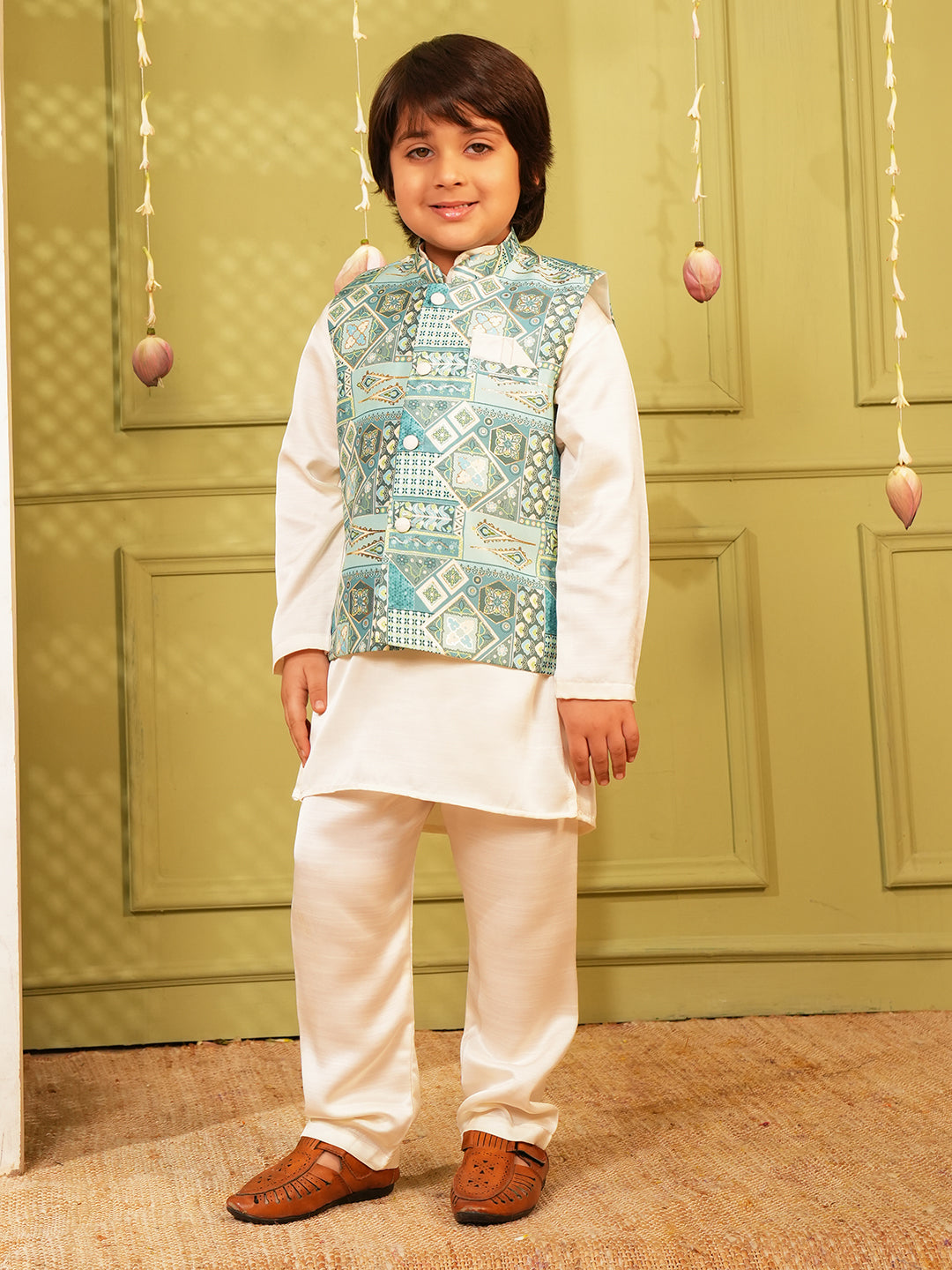 Sky-blue Printed and Shinny Cotton Blend Kurta Pyjama Waist Coat Set For Boys