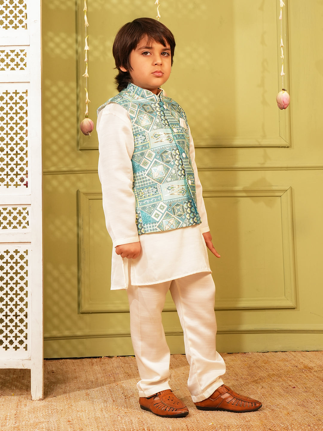 Sky-blue Printed and Shinny Cotton Blend Kurta Pyjama Waist Coat Set For Boys