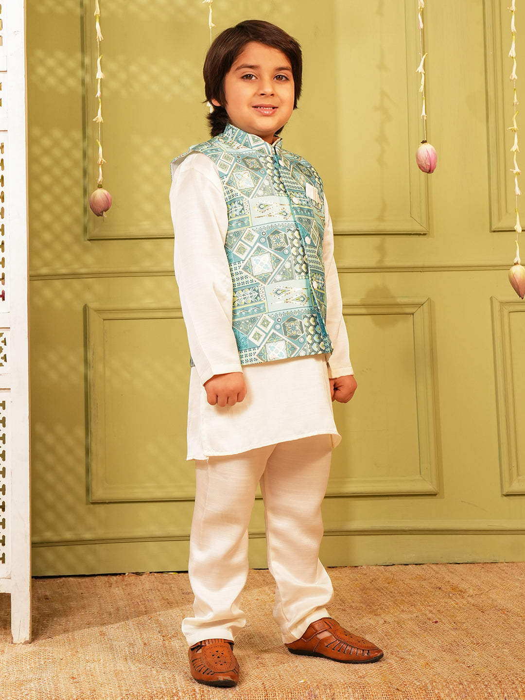 Sky-blue Printed and Shinny Cotton Blend Kurta Pyjama Waist Coat Set For Boys
