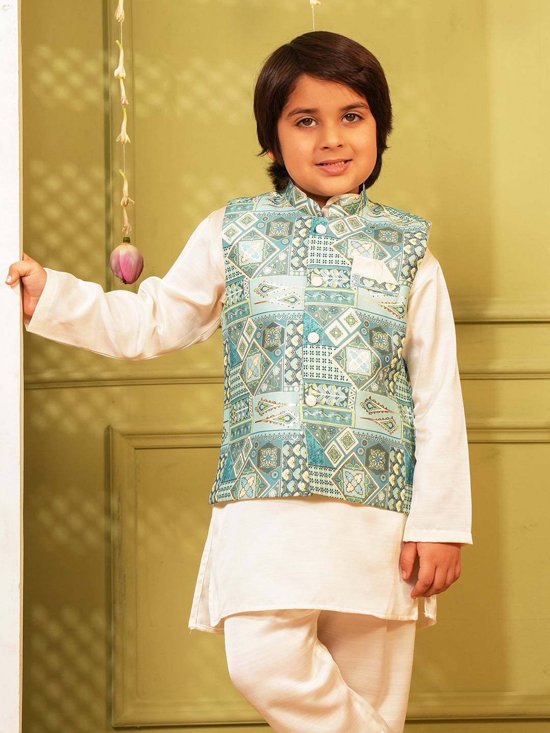 Sky-blue Printed and Shinny Cotton Blend Kurta Pyjama Waist Coat Set For Boys