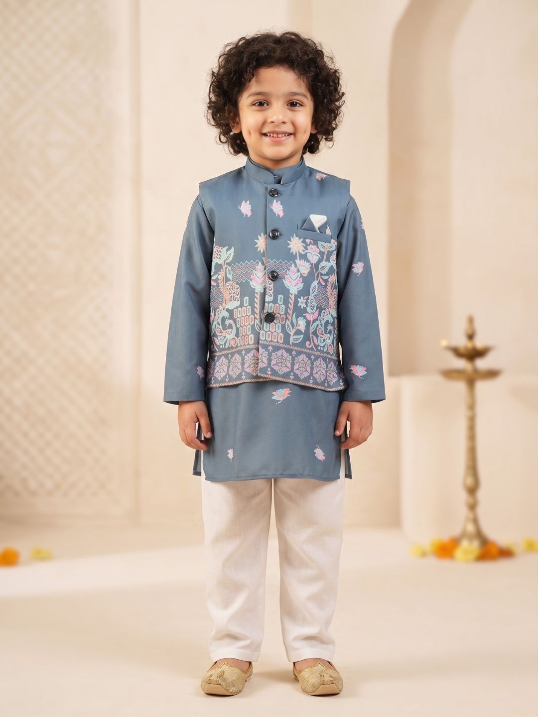 Blue Elephant Printed Cotton Kurta Pyjama Waist Coat Set For Boys