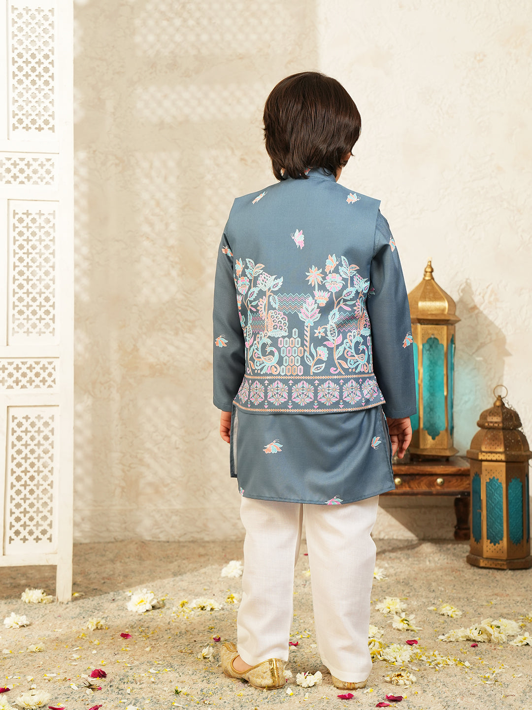 Blue Elephant Printed Cotton Kurta Pyjama Waist Coat Set For Boys