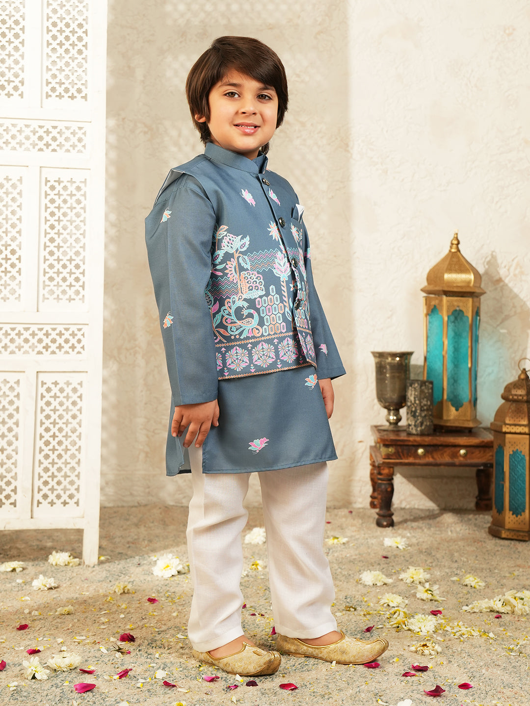 Blue Elephant Printed Cotton Kurta Pyjama Waist Coat Set For Boys