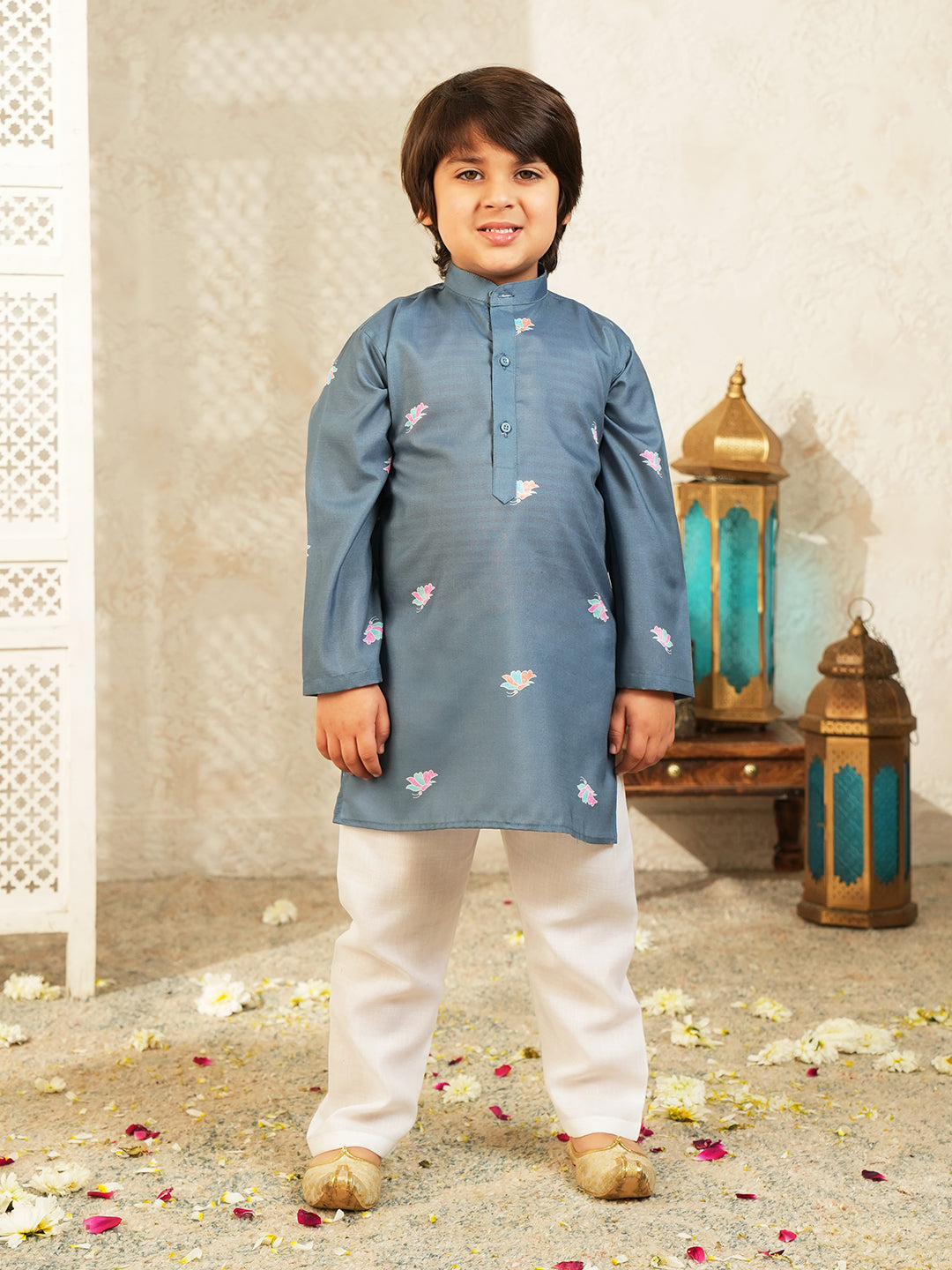 Blue Elephant Printed Cotton Kurta Pyjama Waist Coat Set For Boys