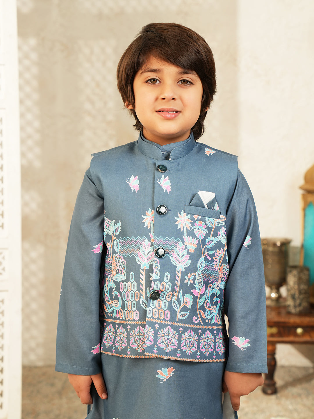 Blue Elephant Printed Cotton Kurta Pyjama Waist Coat Set For Boys