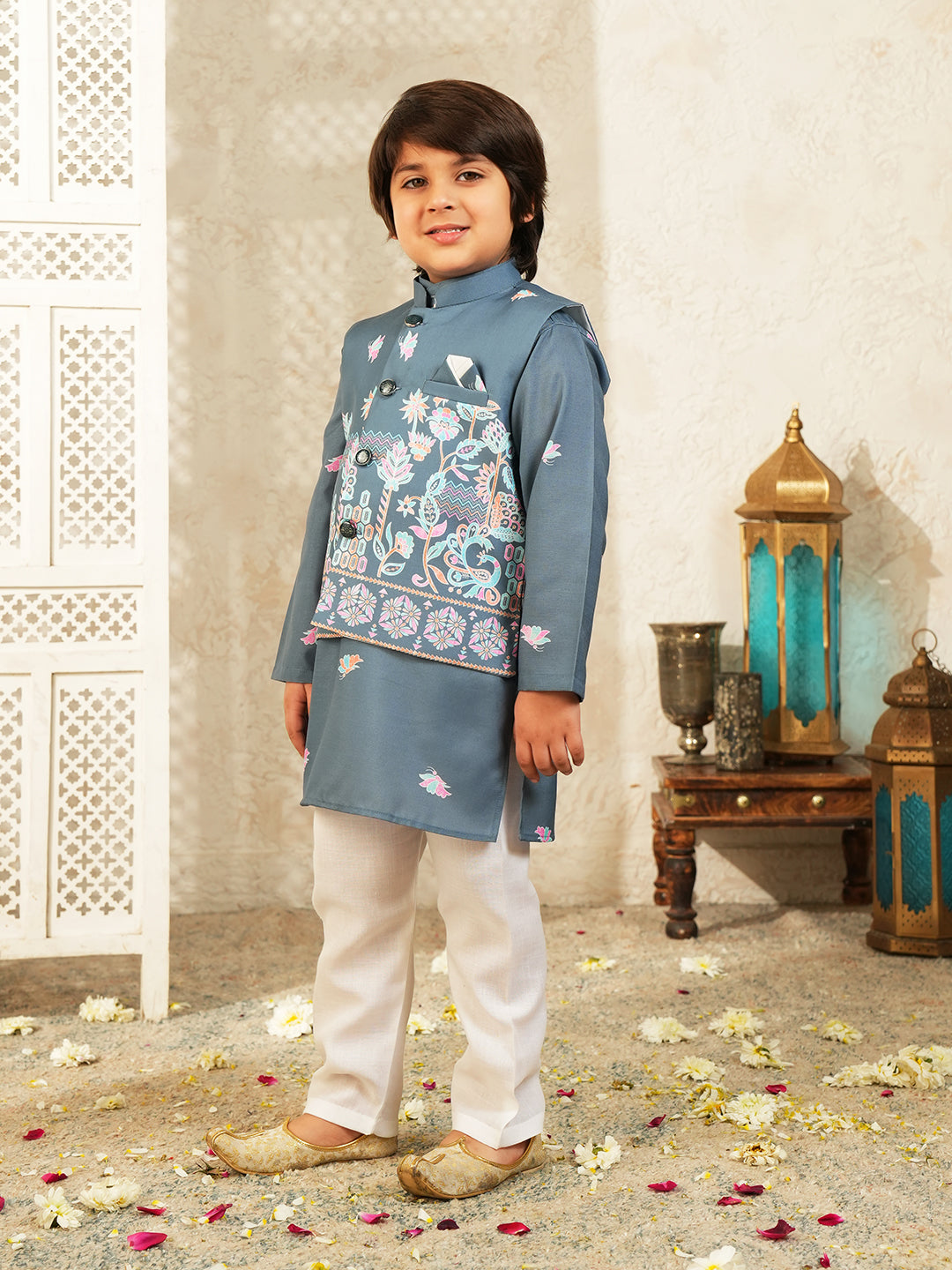 Blue Elephant Printed Cotton Kurta Pyjama Waist Coat Set For Boys