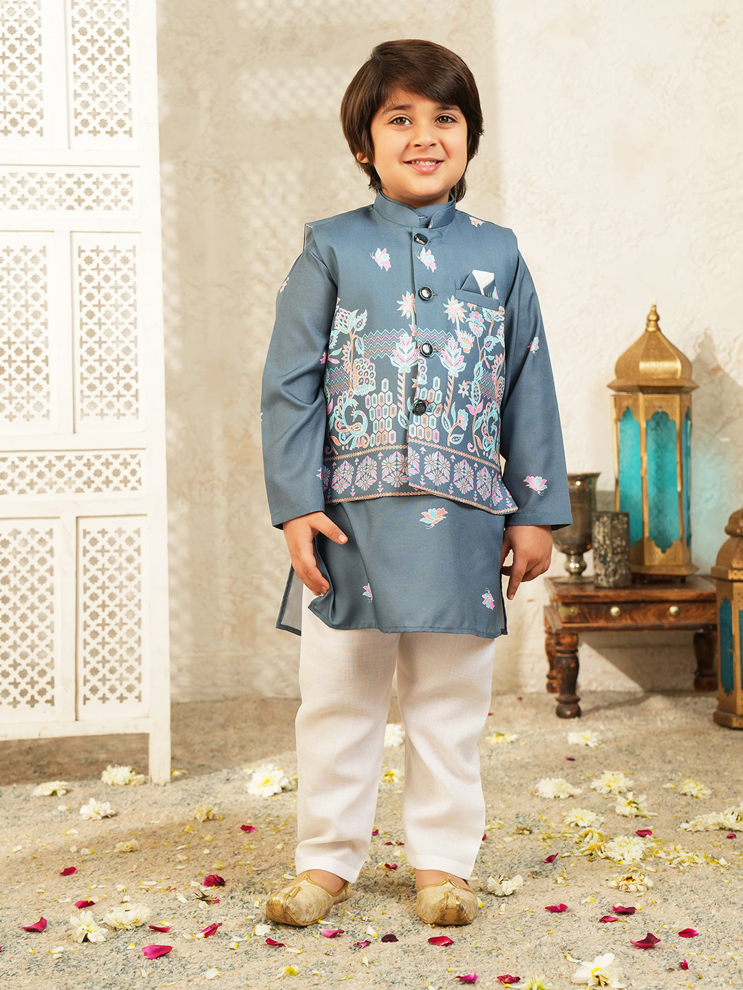 Blue Elephant Printed Cotton Kurta Pyjama Waist Coat Set For Boys
