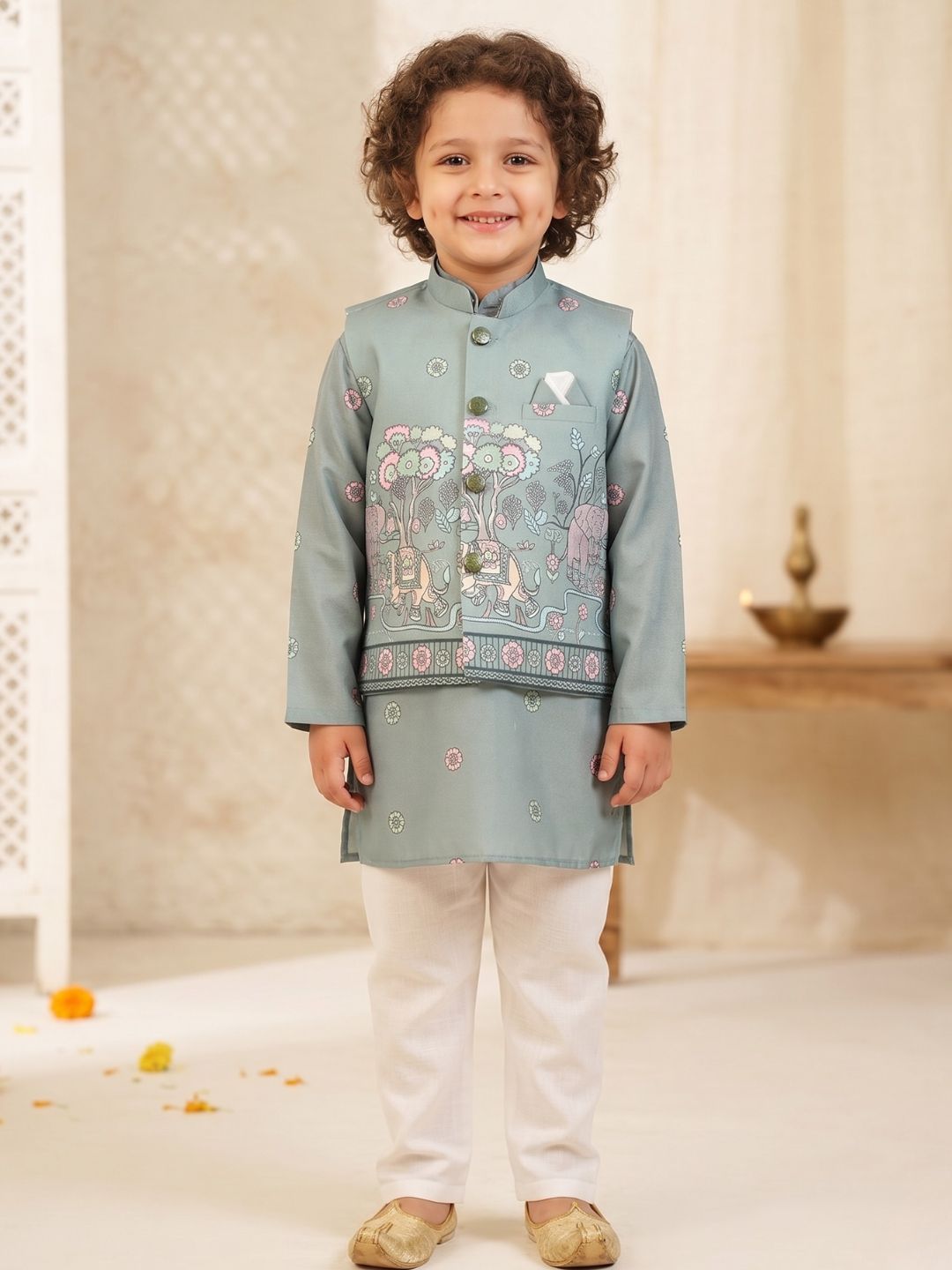 Green Elephant Printed Cotton Kurta Pyjama Waist Coat Set For Boys