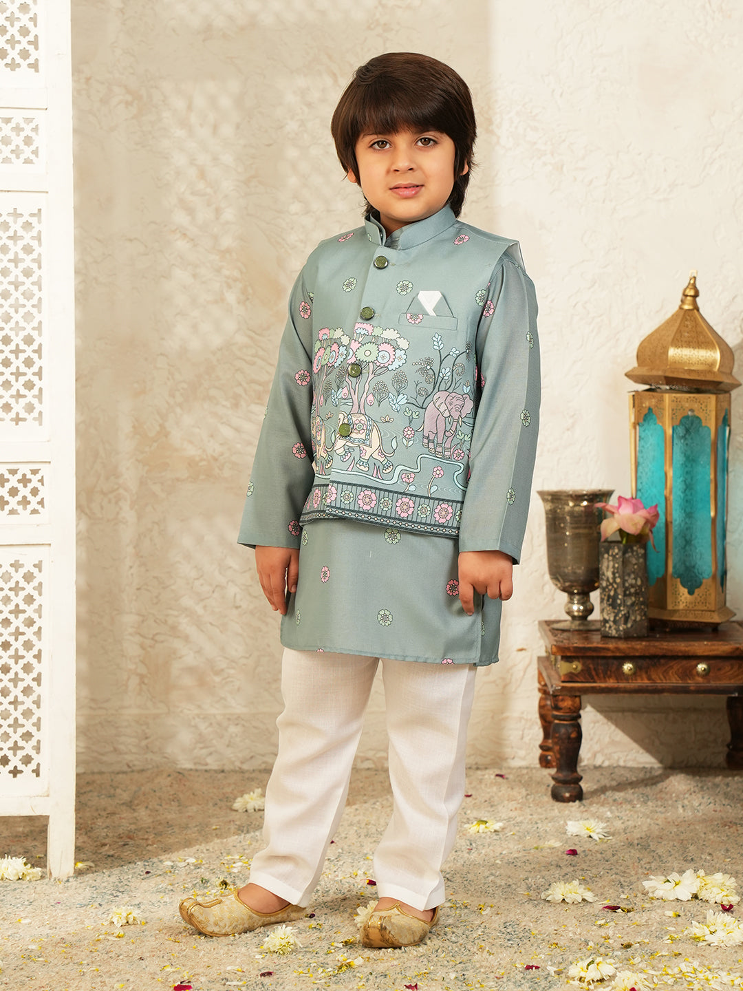 Green Elephant Printed Cotton Kurta Pyjama Waist Coat Set For Boys