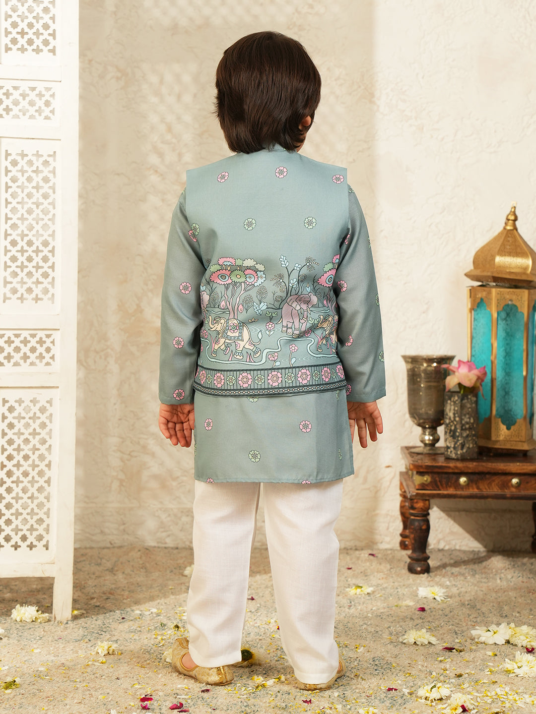 Green Elephant Printed Cotton Kurta Pyjama Waist Coat Set For Boys