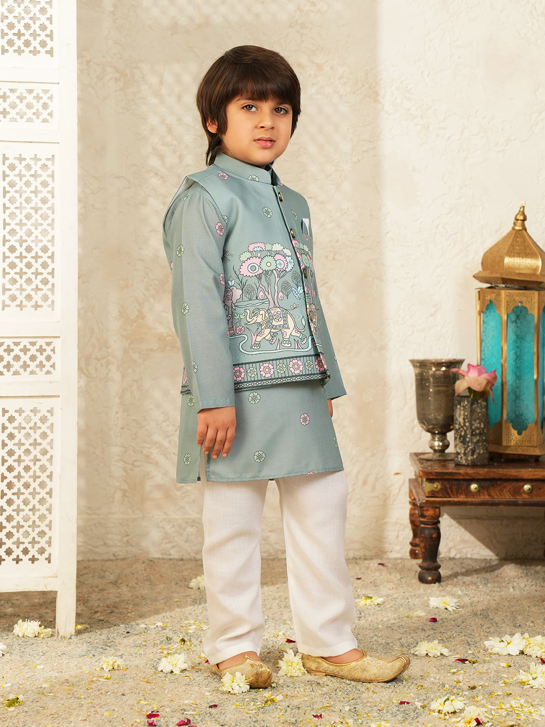 Green Elephant Printed Cotton Kurta Pyjama Waist Coat Set For Boys