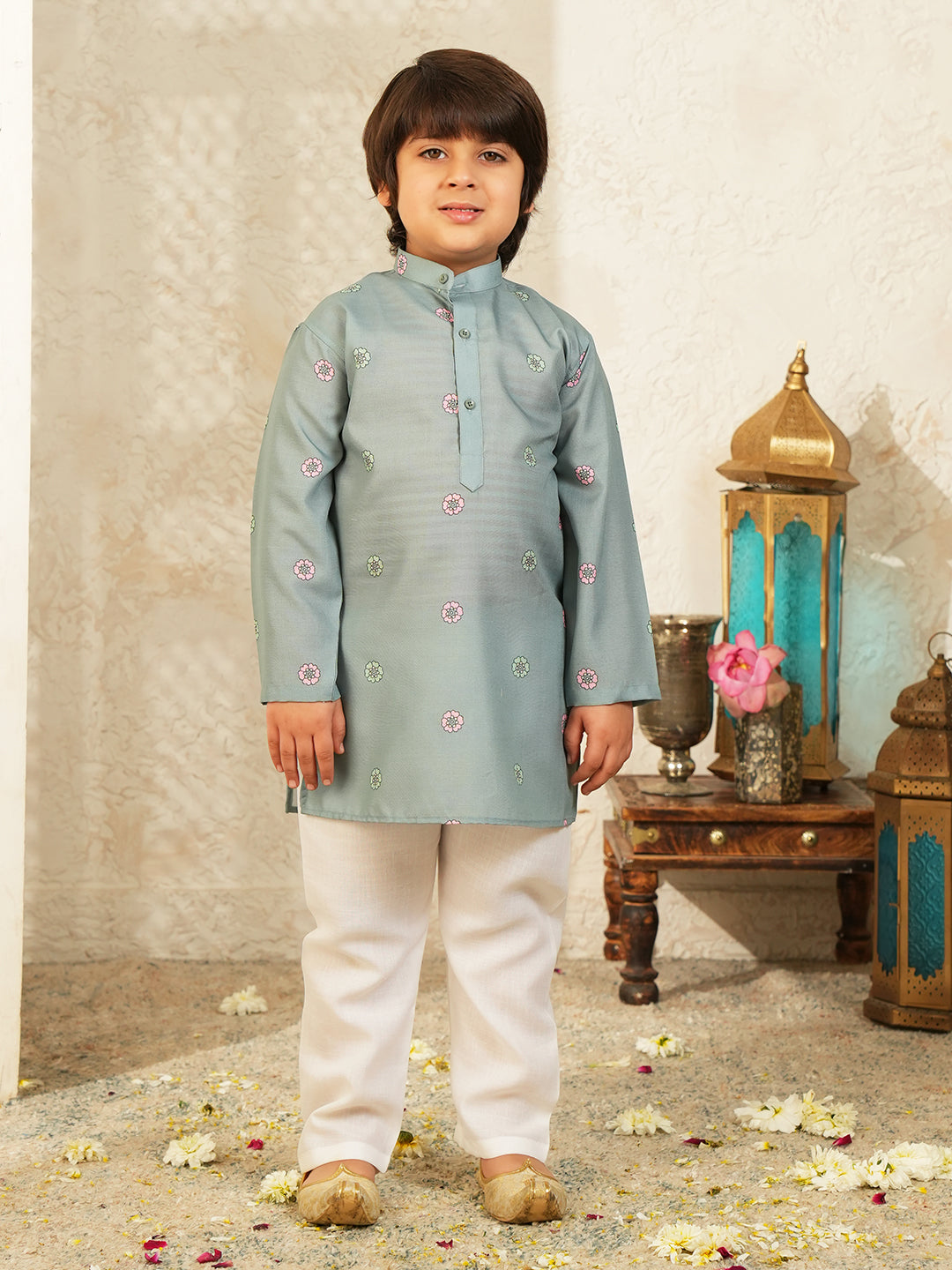 Green Elephant Printed Cotton Kurta Pyjama Waist Coat Set For Boys