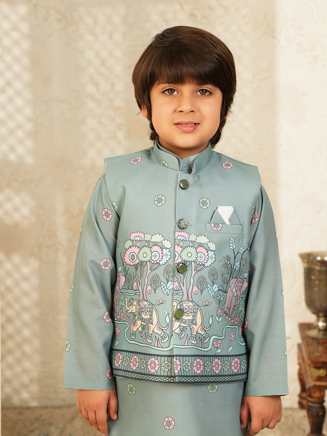 Green Elephant Printed Cotton Kurta Pyjama Waist Coat Set For Boys