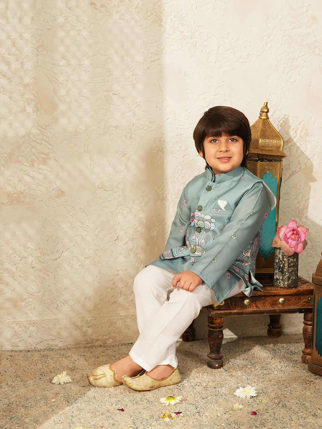 Green Elephant Printed Cotton Kurta Pyjama Waist Coat Set For Boys
