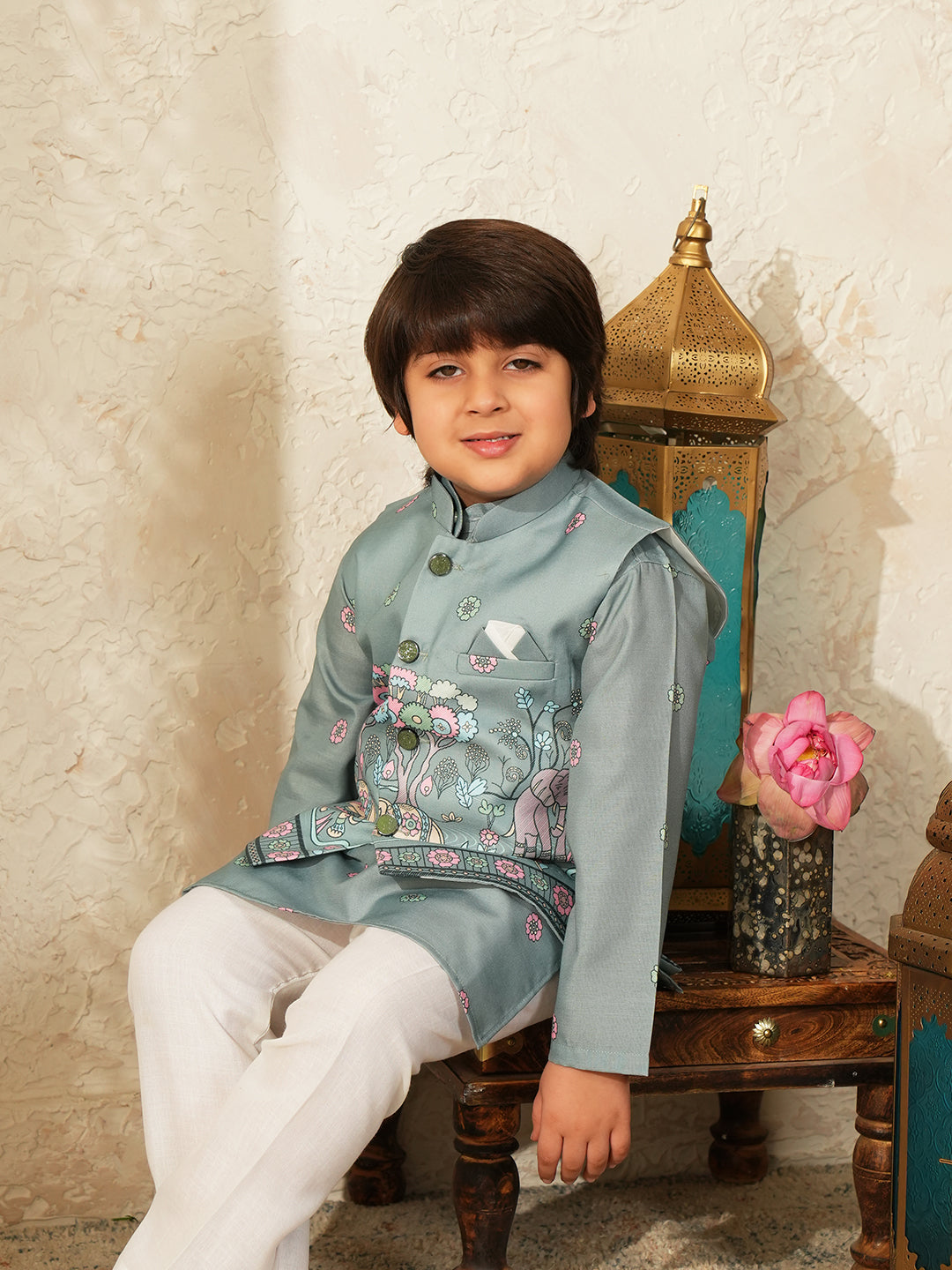 Green Elephant Printed Cotton Kurta Pyjama Waist Coat Set For Boys
