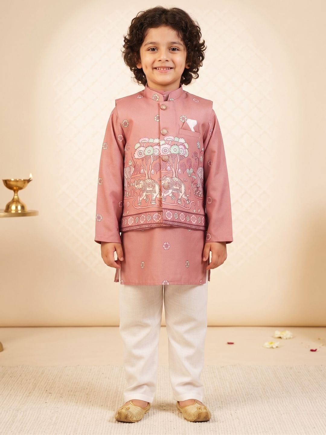 Pink Elephant Printed Cotton Kurta Pyjama Waist Coat Set For Boys