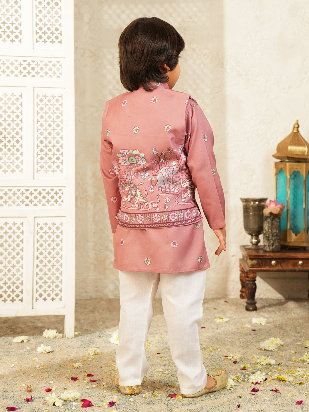 Pink Elephant Printed Cotton Kurta Pyjama Waist Coat Set For Boys