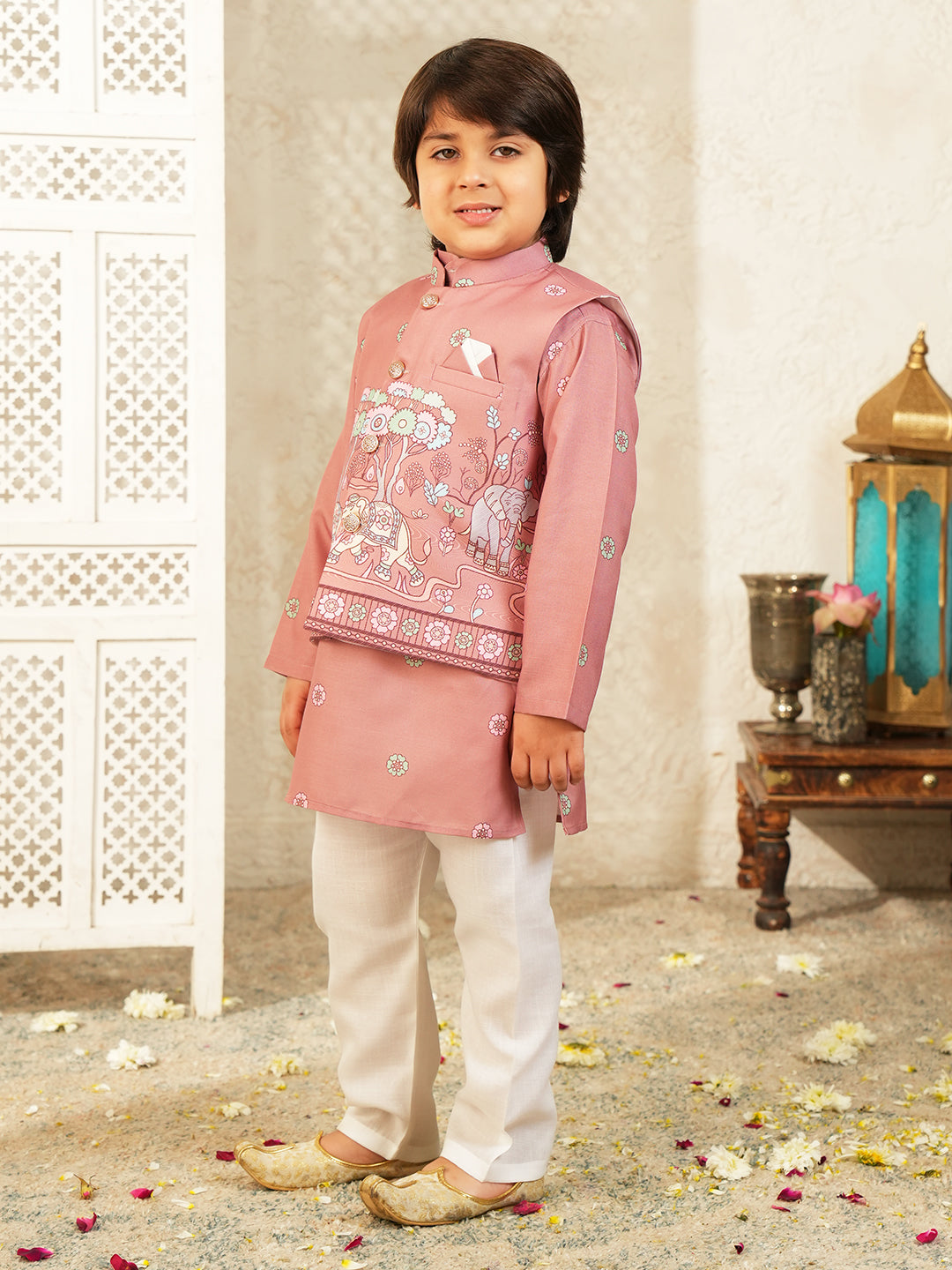 Pink Elephant Printed Cotton Kurta Pyjama Waist Coat Set For Boys