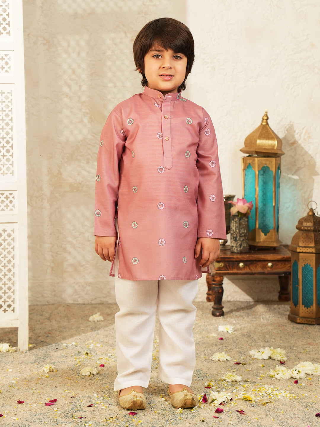 Pink Elephant Printed Cotton Kurta Pyjama Waist Coat Set For Boys