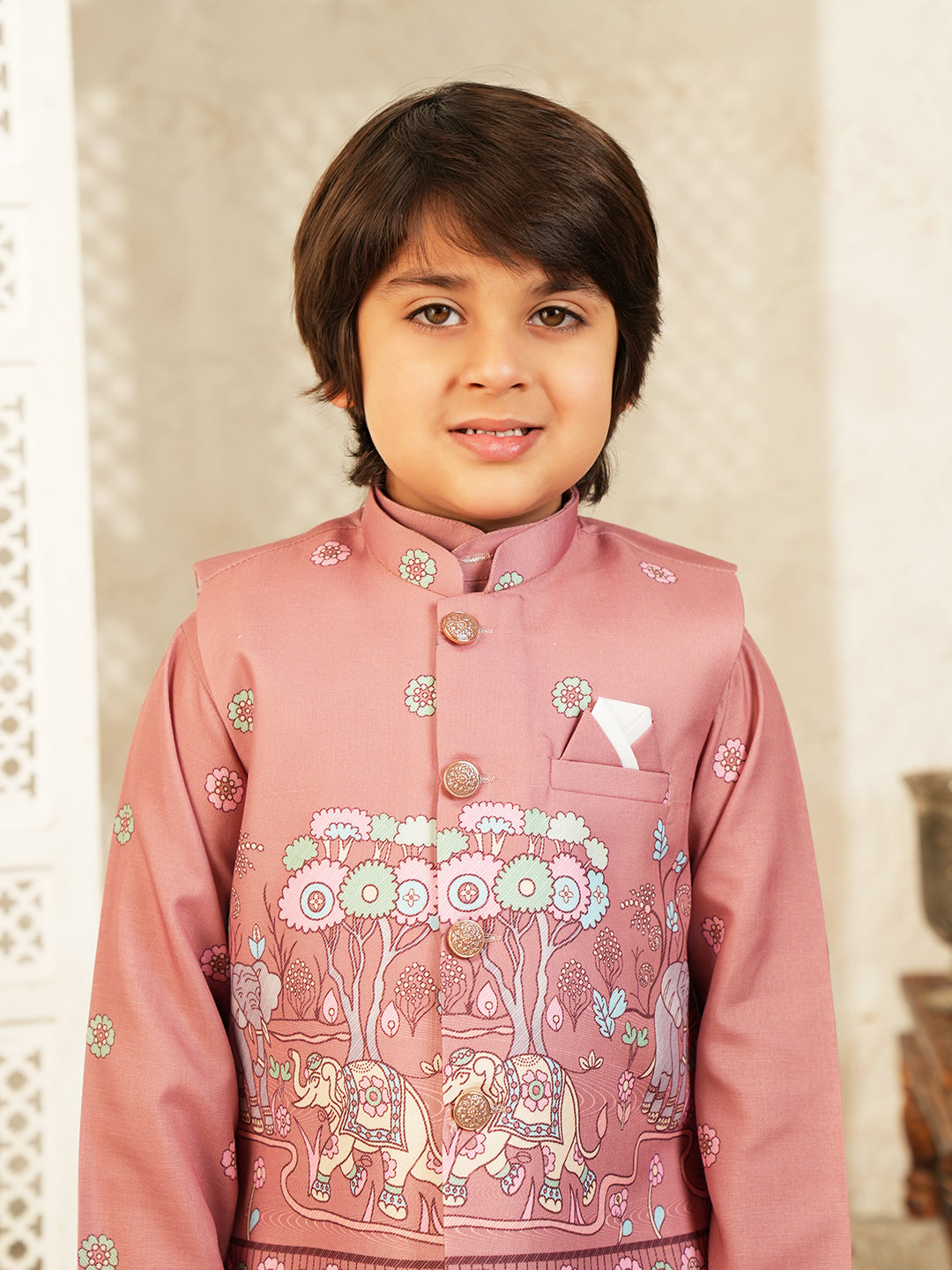 Pink Elephant Printed Cotton Kurta Pyjama Waist Coat Set For Boys
