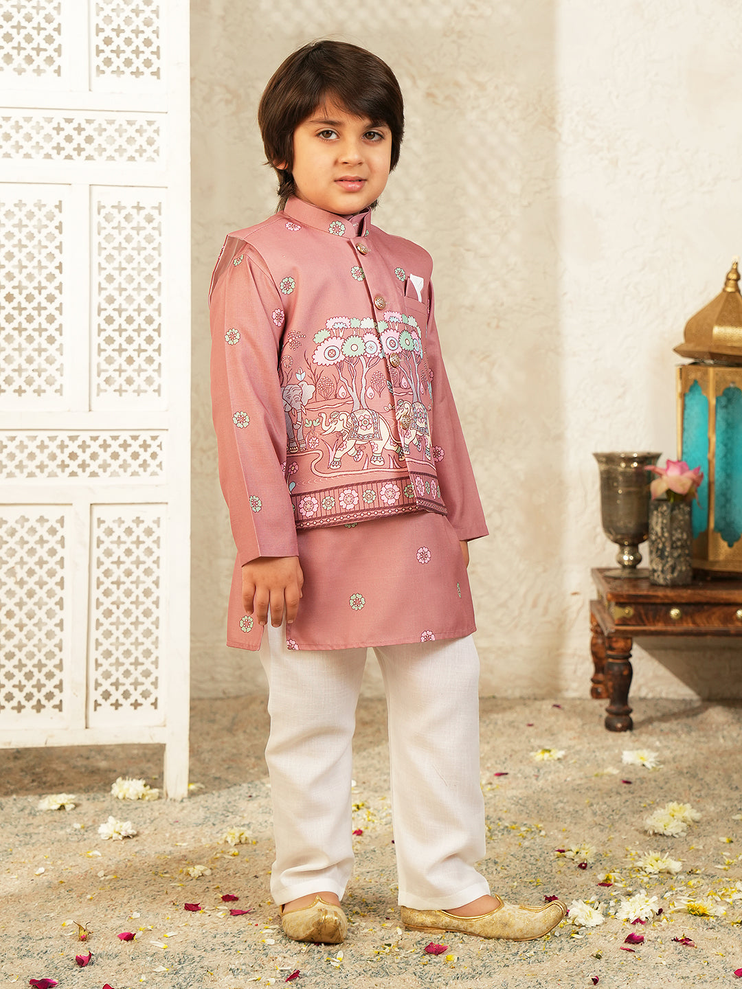 Pink Elephant Printed Cotton Kurta Pyjama Waist Coat Set For Boys