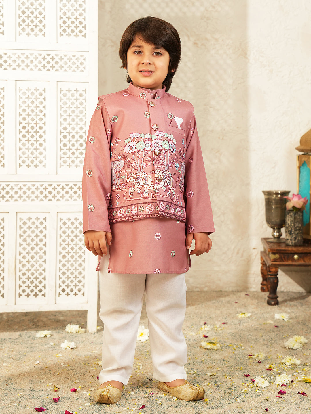 Pink Elephant Printed Cotton Kurta Pyjama Waist Coat Set For Boys