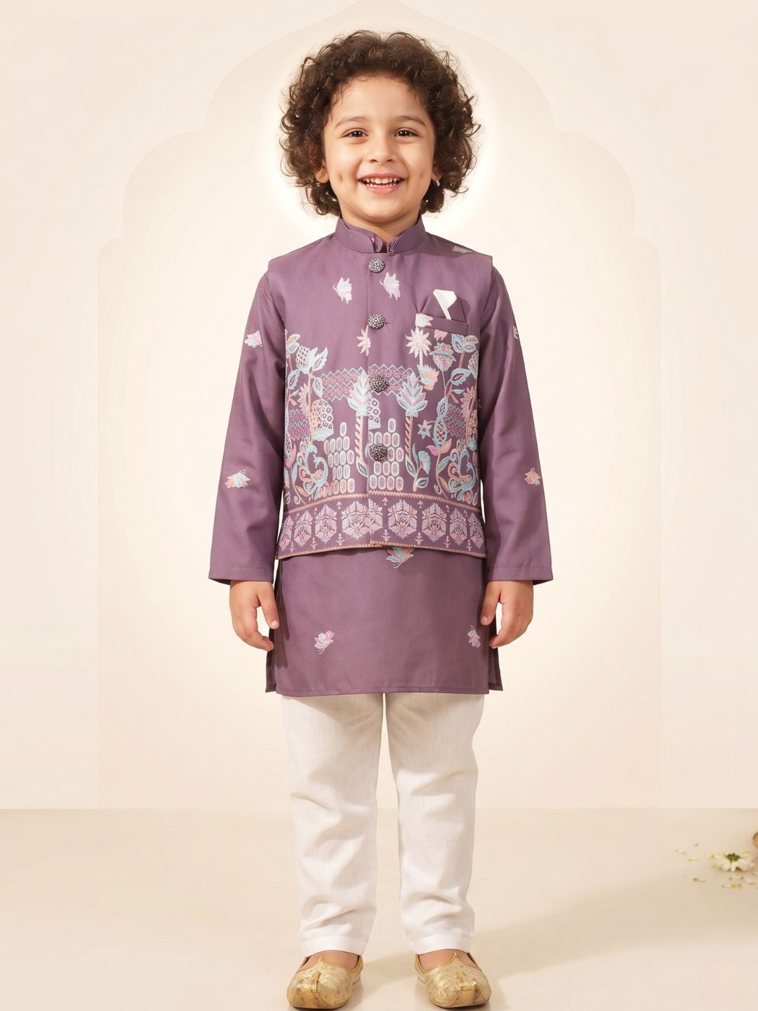 Purple Elephant Printed Cotton Kurta Pyjama Waist Coat Set For Boys
