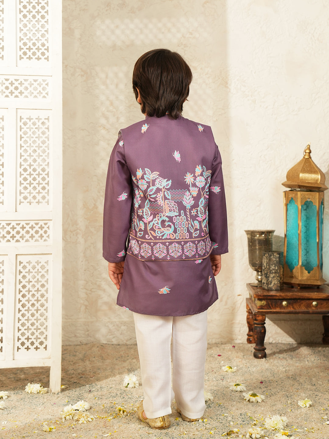Purple Elephant Printed Cotton Kurta Pyjama Waist Coat Set For Boys