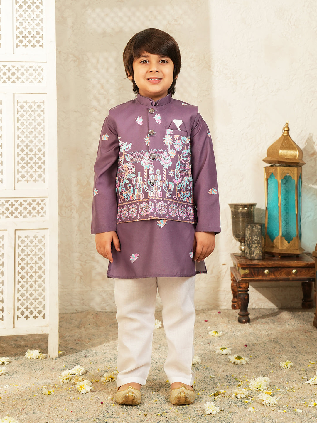 Purple Elephant Printed Cotton Kurta Pyjama Waist Coat Set For Boys