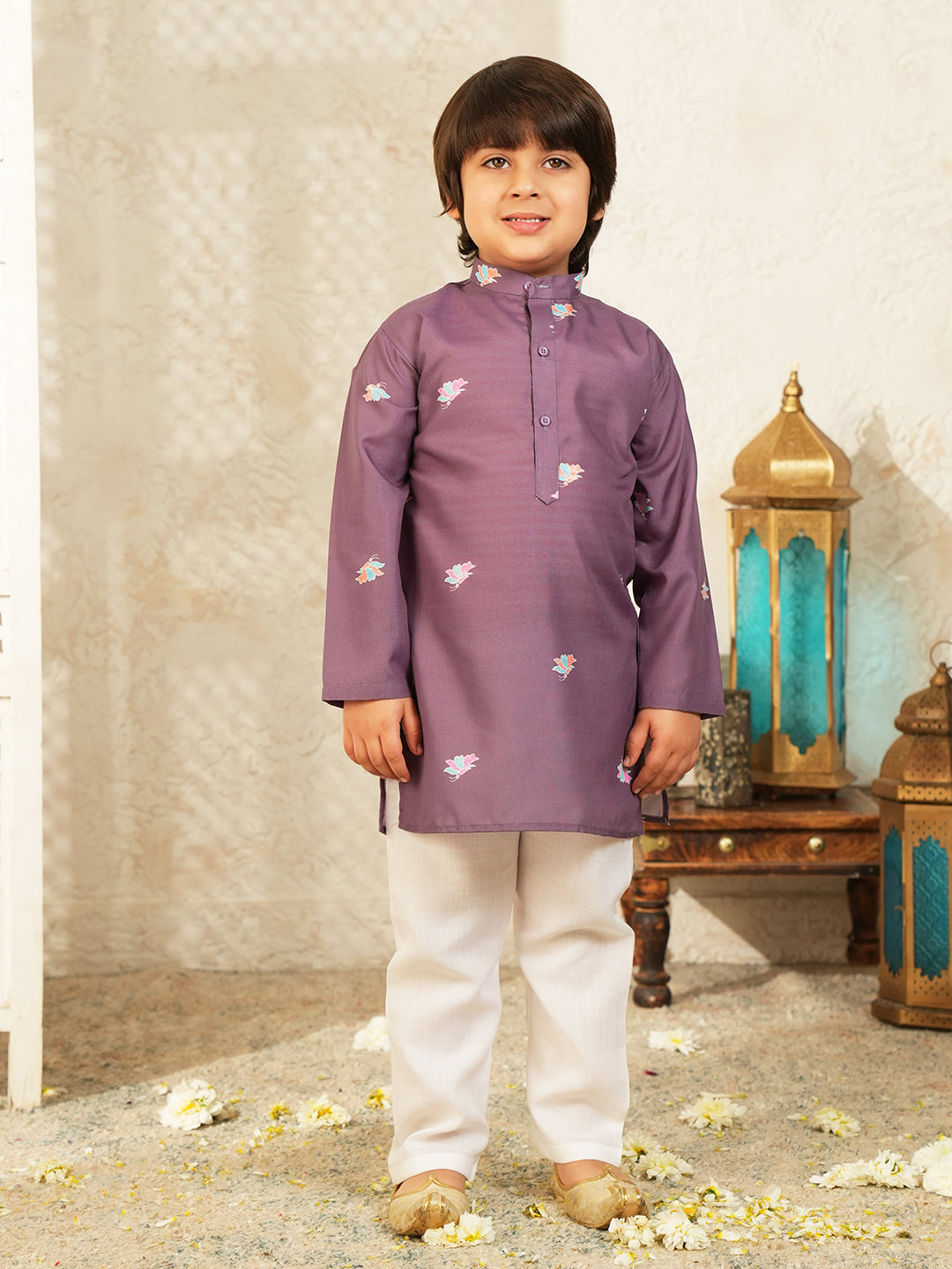 Purple Elephant Printed Cotton Kurta Pyjama Waist Coat Set For Boys