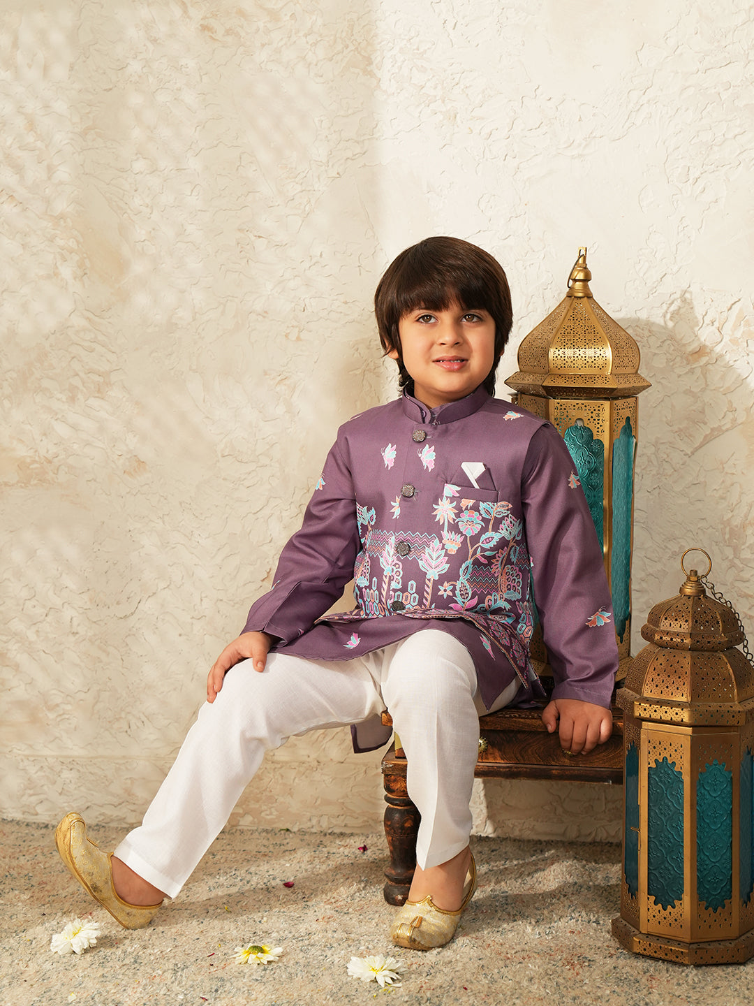 Purple Elephant Printed Cotton Kurta Pyjama Waist Coat Set For Boys