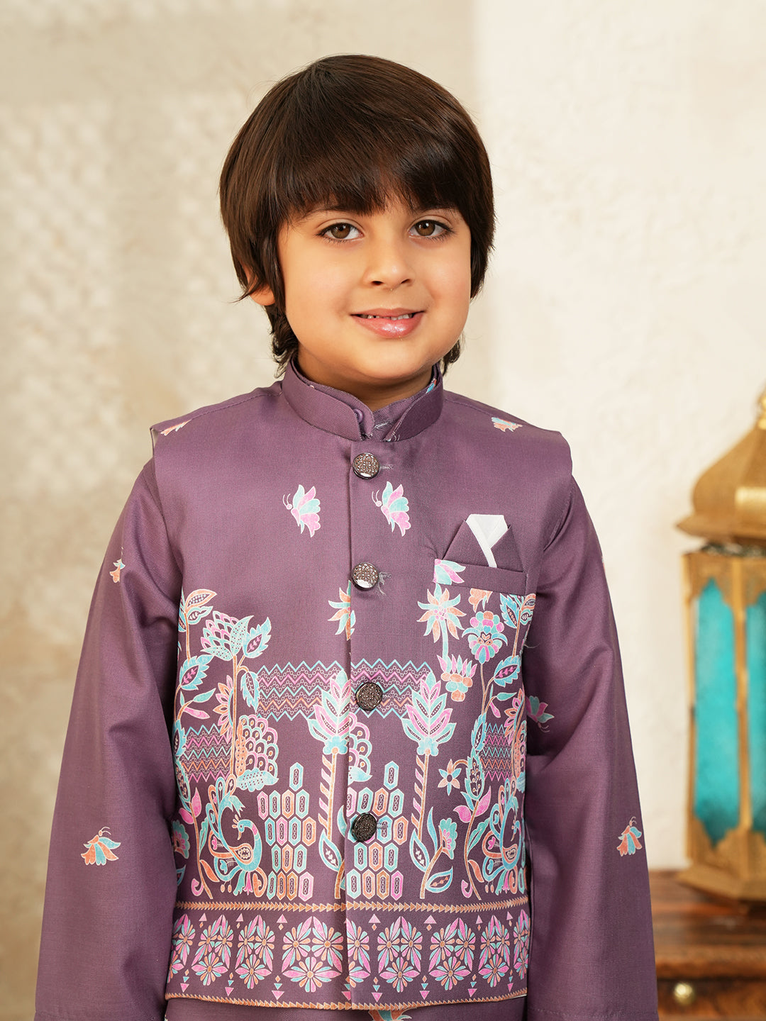 Purple Elephant Printed Cotton Kurta Pyjama Waist Coat Set For Boys