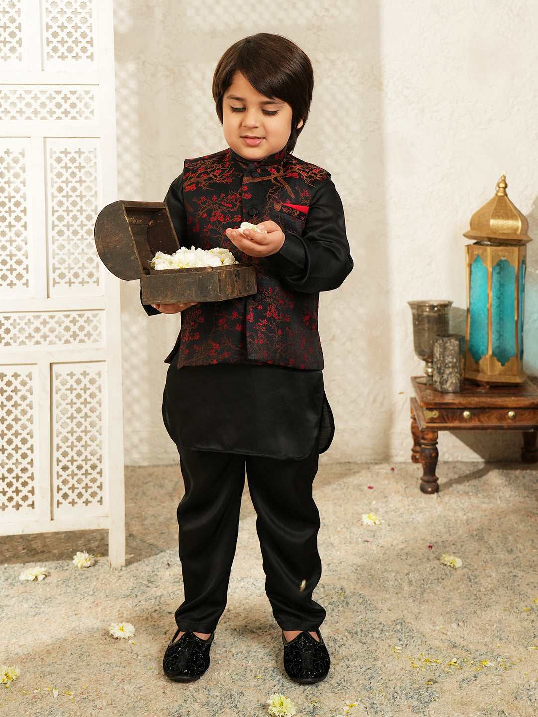 Black Embroidered Cotton Blend Kurta Pyjama Waist Coat Set For Boys