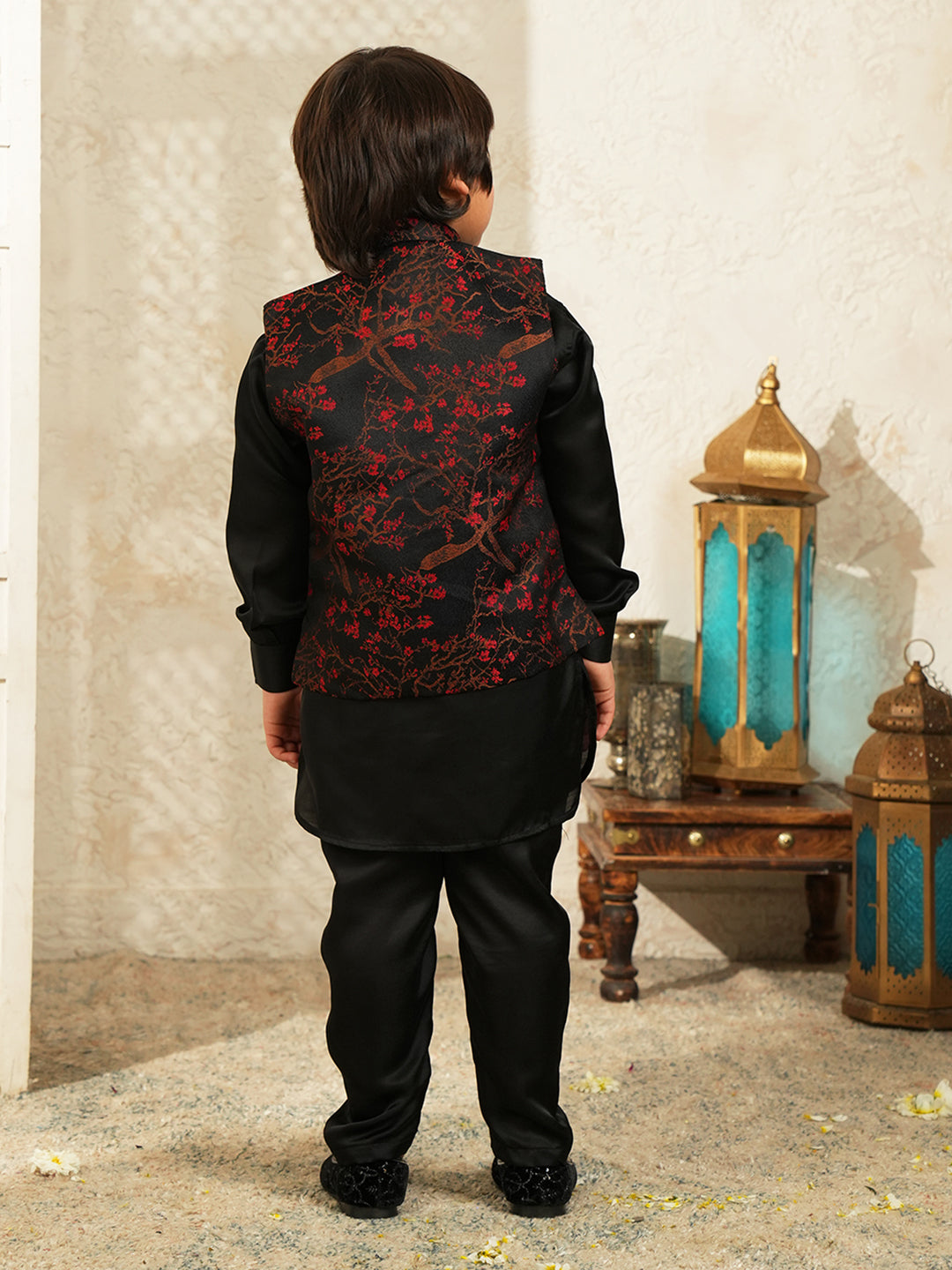 Black Embroidered Cotton Blend Kurta Pyjama Waist Coat Set For Boys