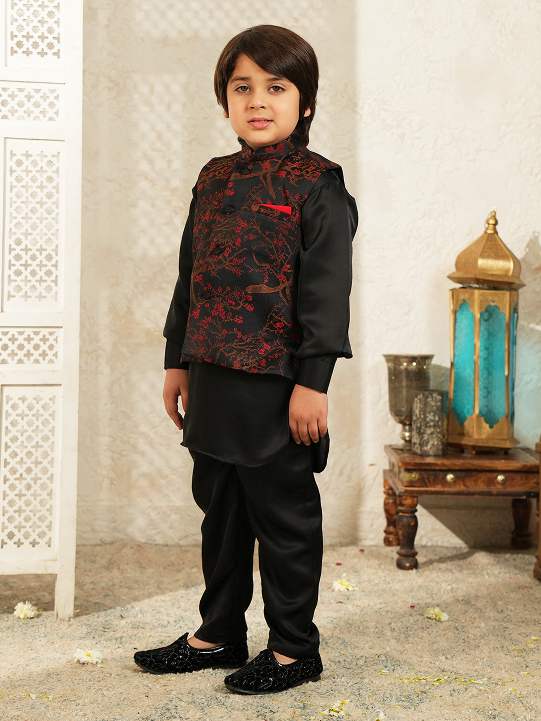Black Embroidered Cotton Blend Kurta Pyjama Waist Coat Set For Boys