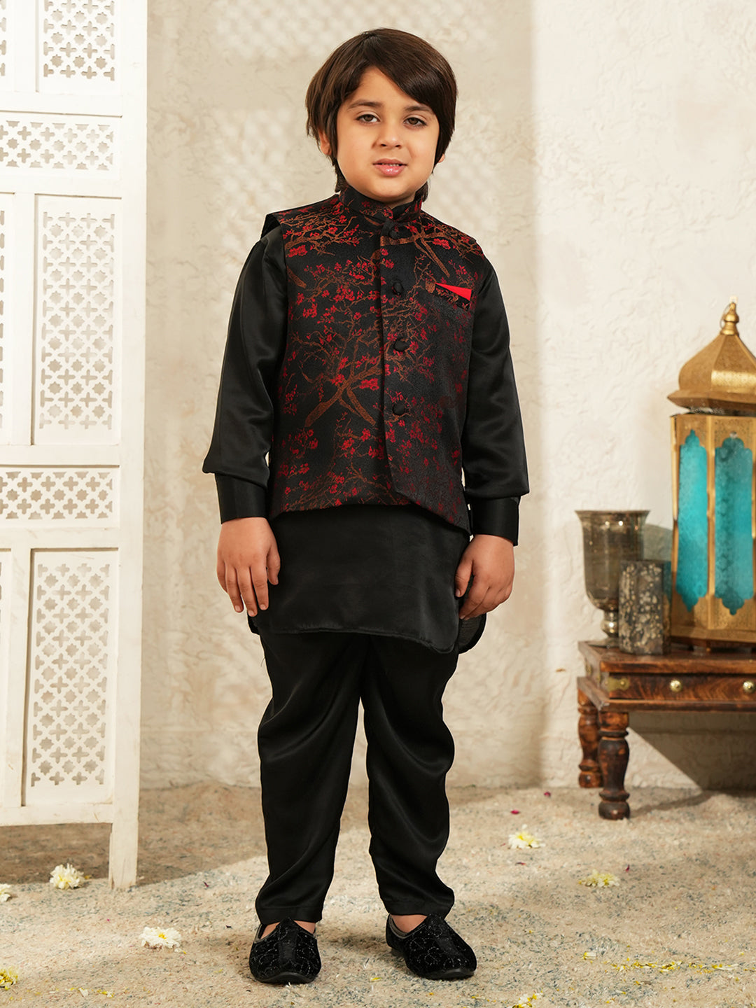 Black Embroidered Cotton Blend Kurta Pyjama Waist Coat Set For Boys