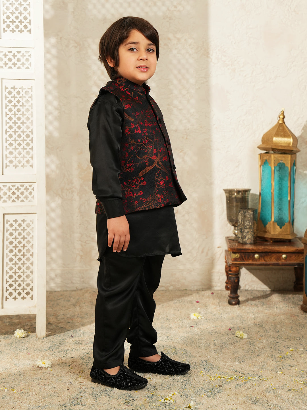 Black Embroidered Cotton Blend Kurta Pyjama Waist Coat Set For Boys