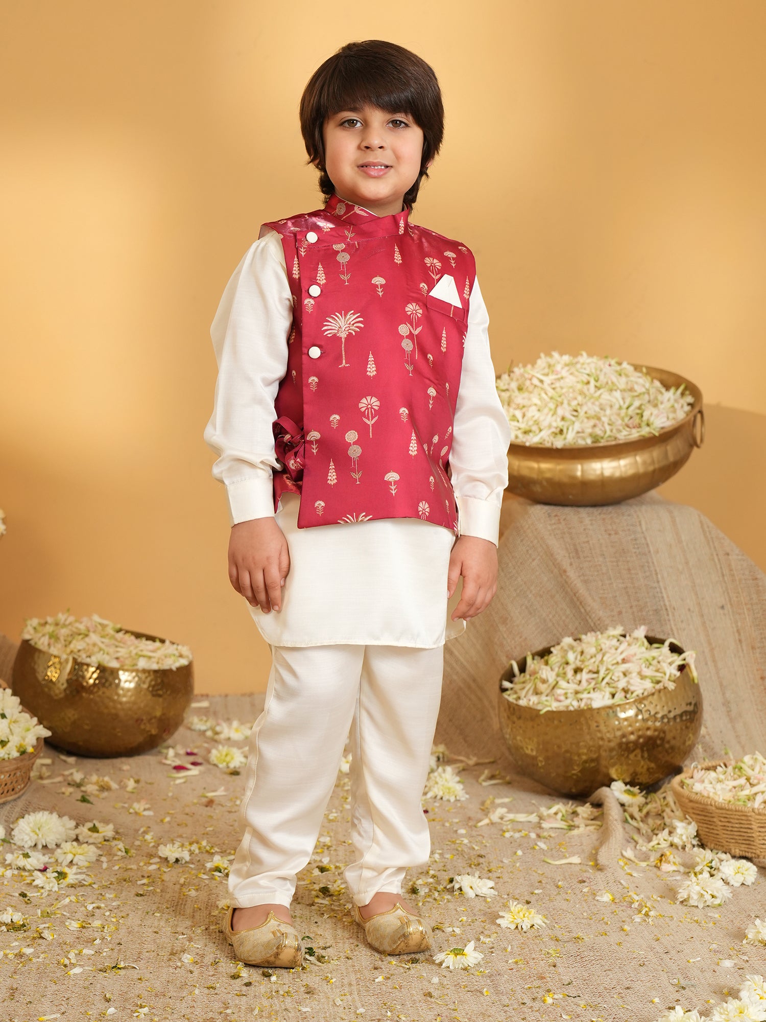 AJ Dezines Maroon Ethnic Floral Silk Blend Kurta Pyjama Waist Coat Set For Boys