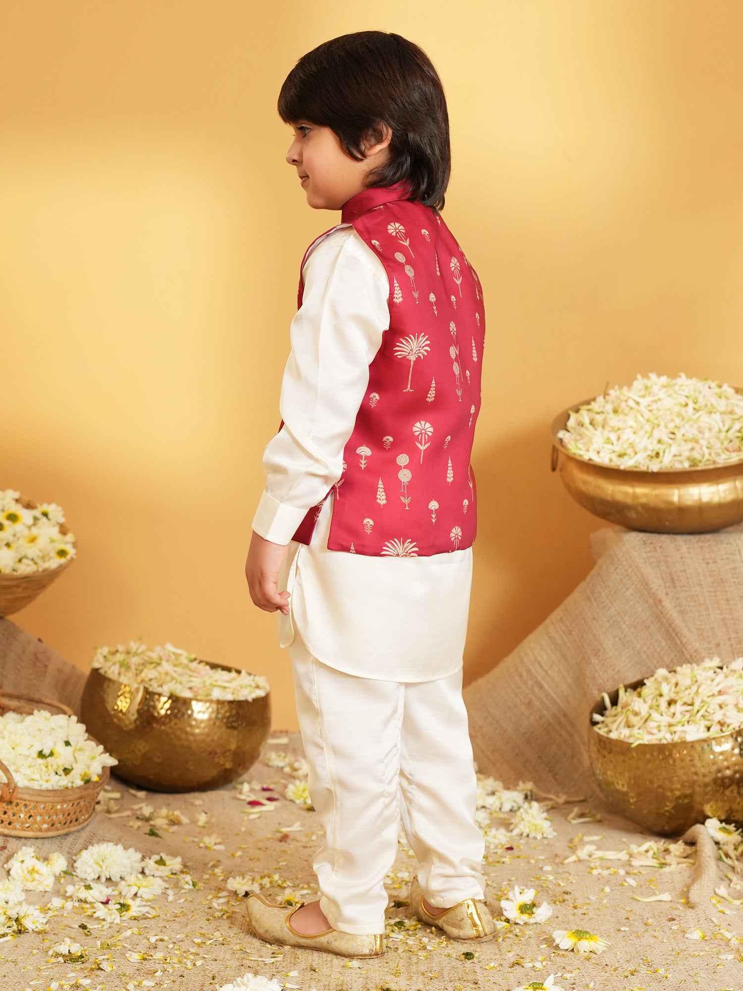 AJ Dezines Maroon Ethnic Floral Silk Blend Kurta Pyjama Waist Coat Set For Boys