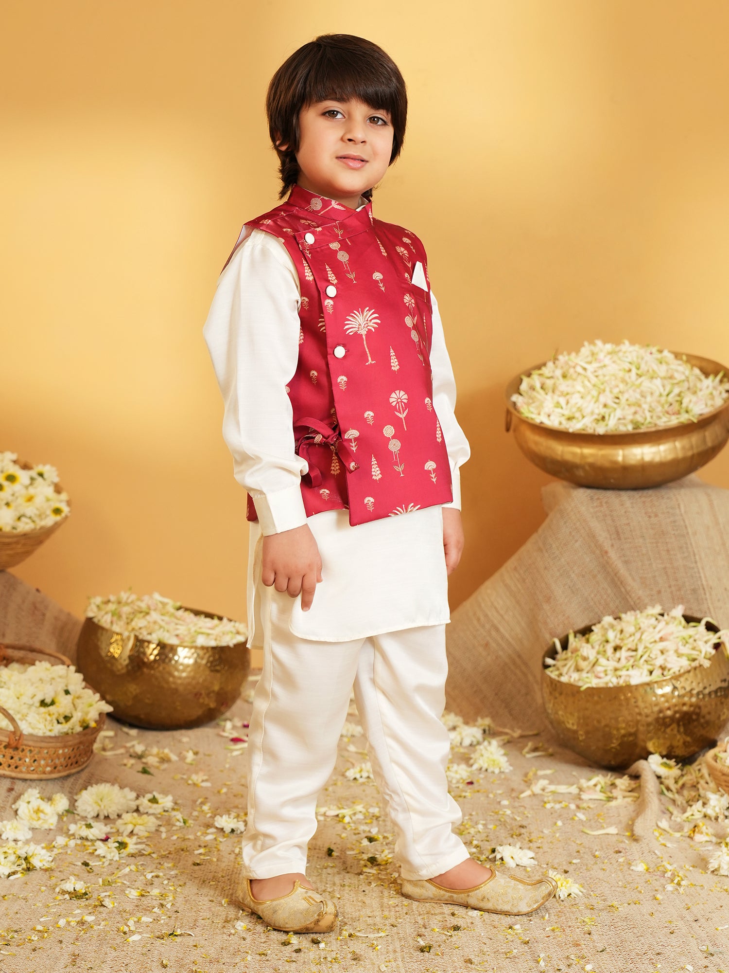 AJ Dezines Maroon Ethnic Floral Silk Blend Kurta Pyjama Waist Coat Set For Boys