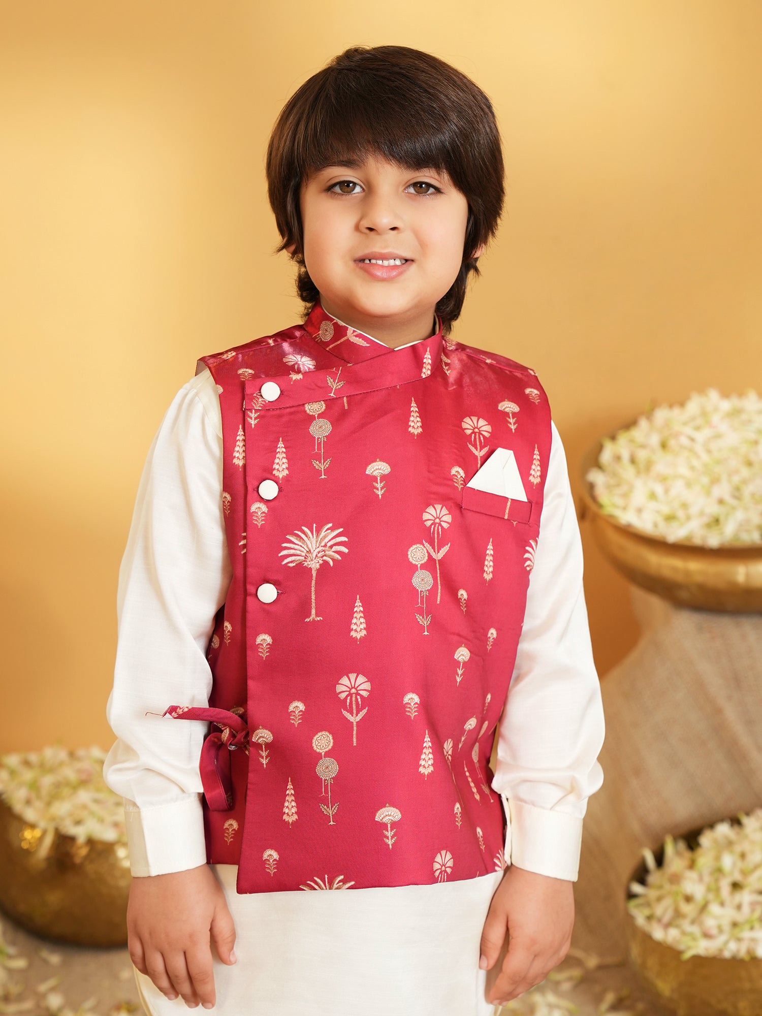 AJ Dezines Maroon Ethnic Floral Silk Blend Kurta Pyjama Waist Coat Set For Boys