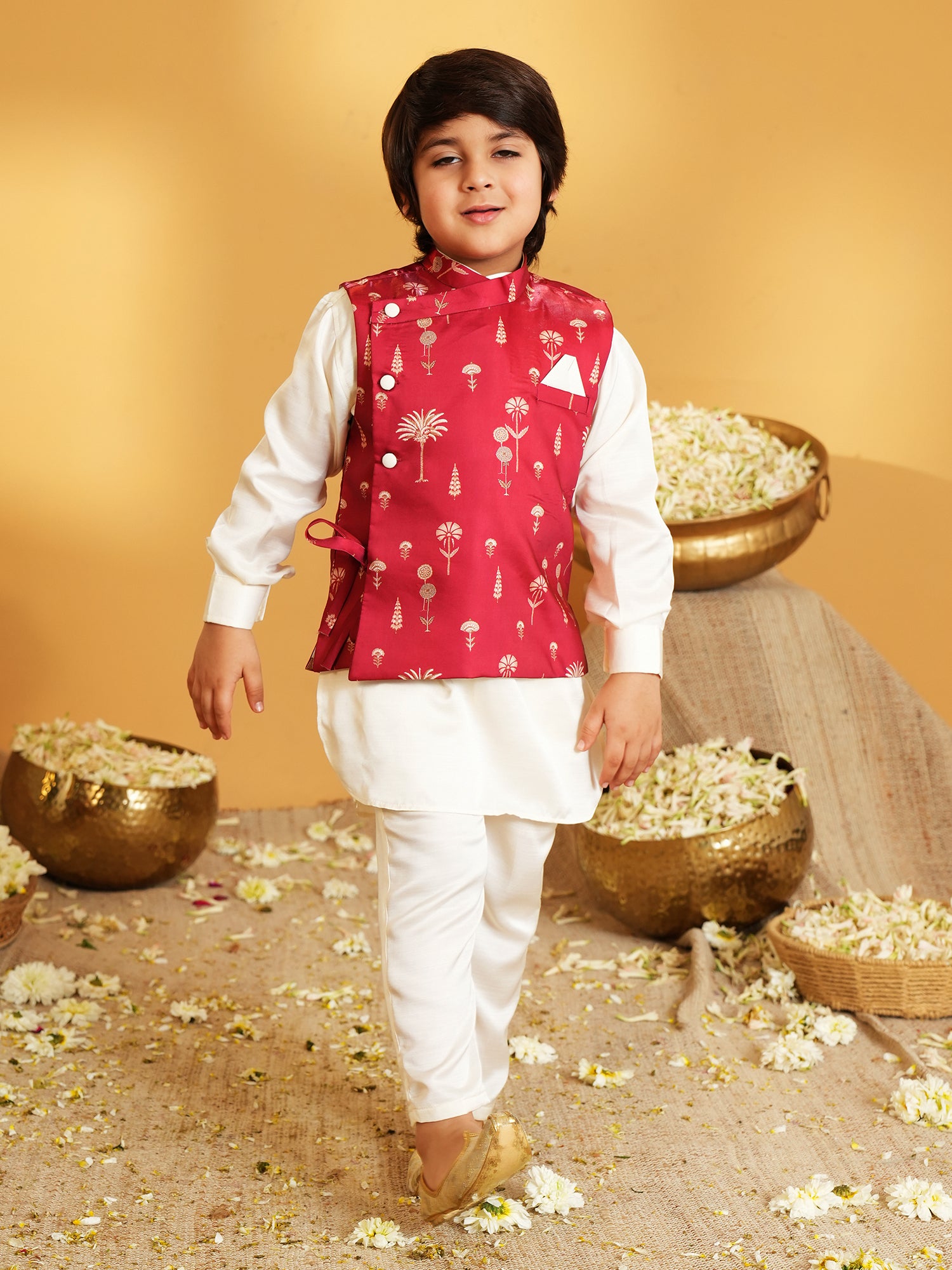 AJ Dezines Maroon Ethnic Floral Silk Blend Kurta Pyjama Waist Coat Set For Boys