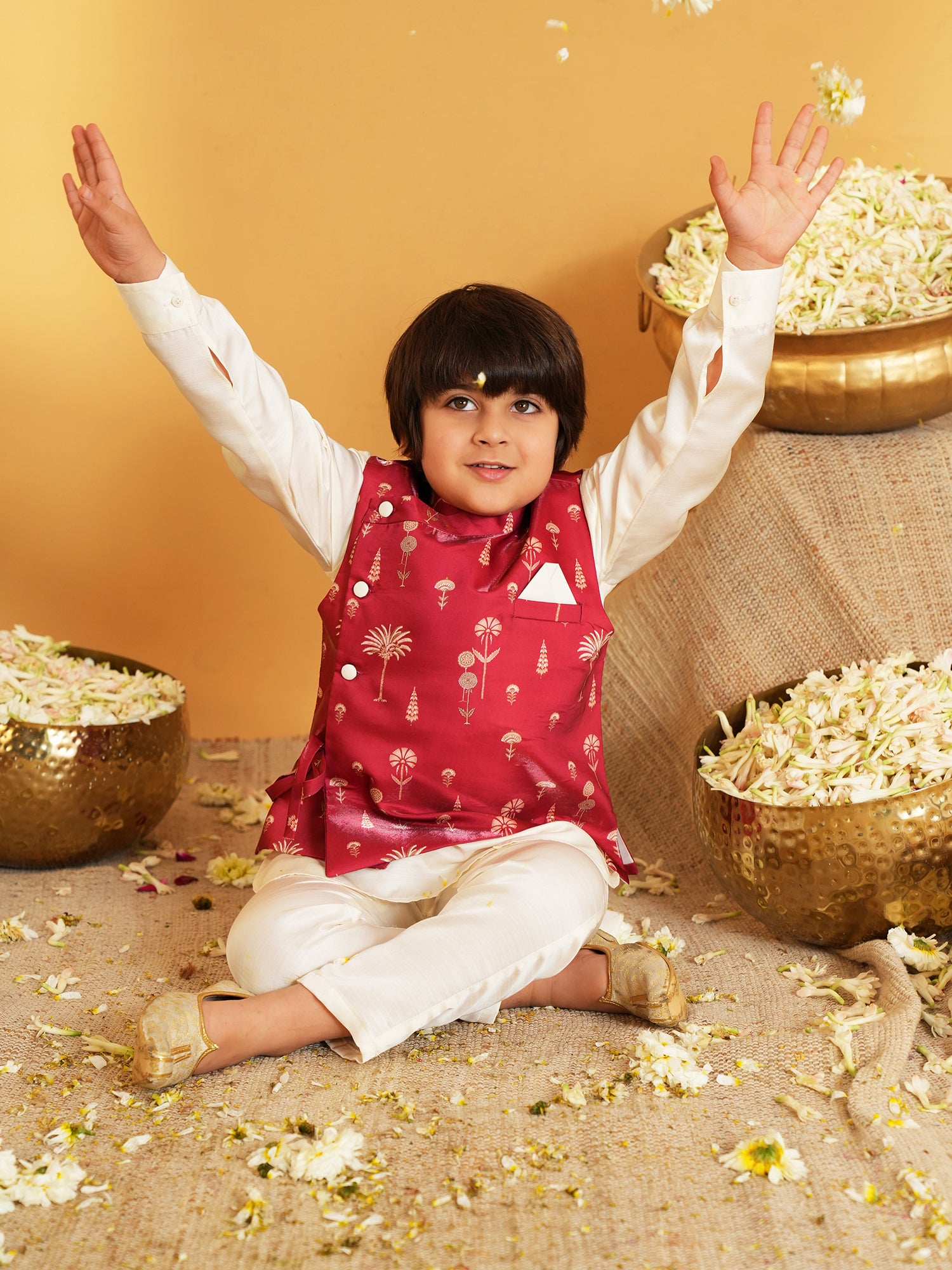 AJ Dezines Maroon Ethnic Floral Silk Blend Kurta Pyjama Waist Coat Set For Boys