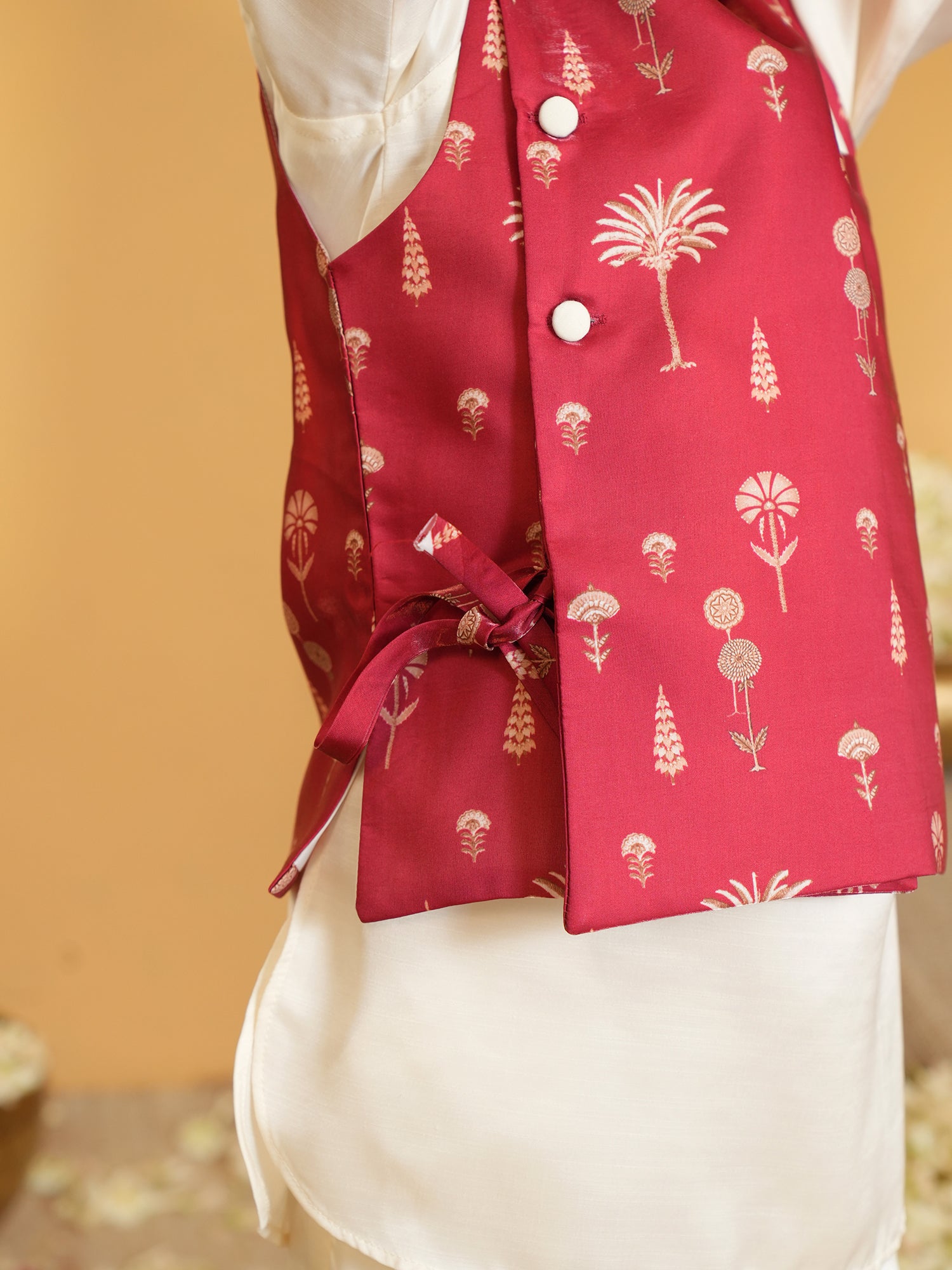 AJ Dezines Maroon Ethnic Floral Silk Blend Kurta Pyjama Waist Coat Set For Boys