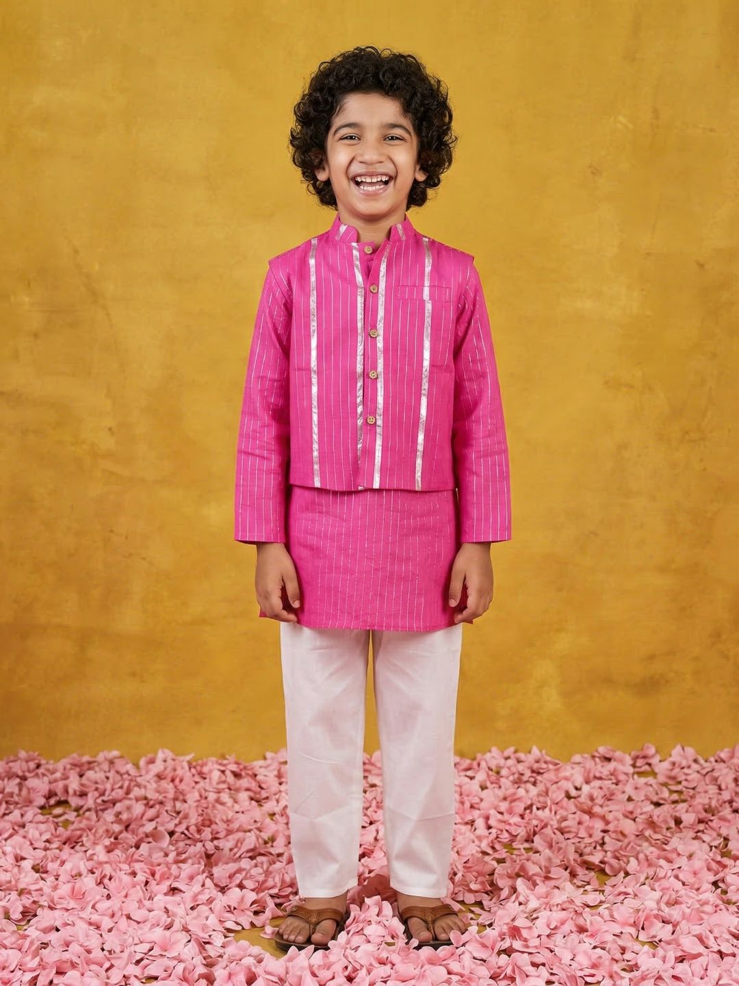 Pink Lurex Work Cotton Kurta Pyjama Waist Coat Set For Boys