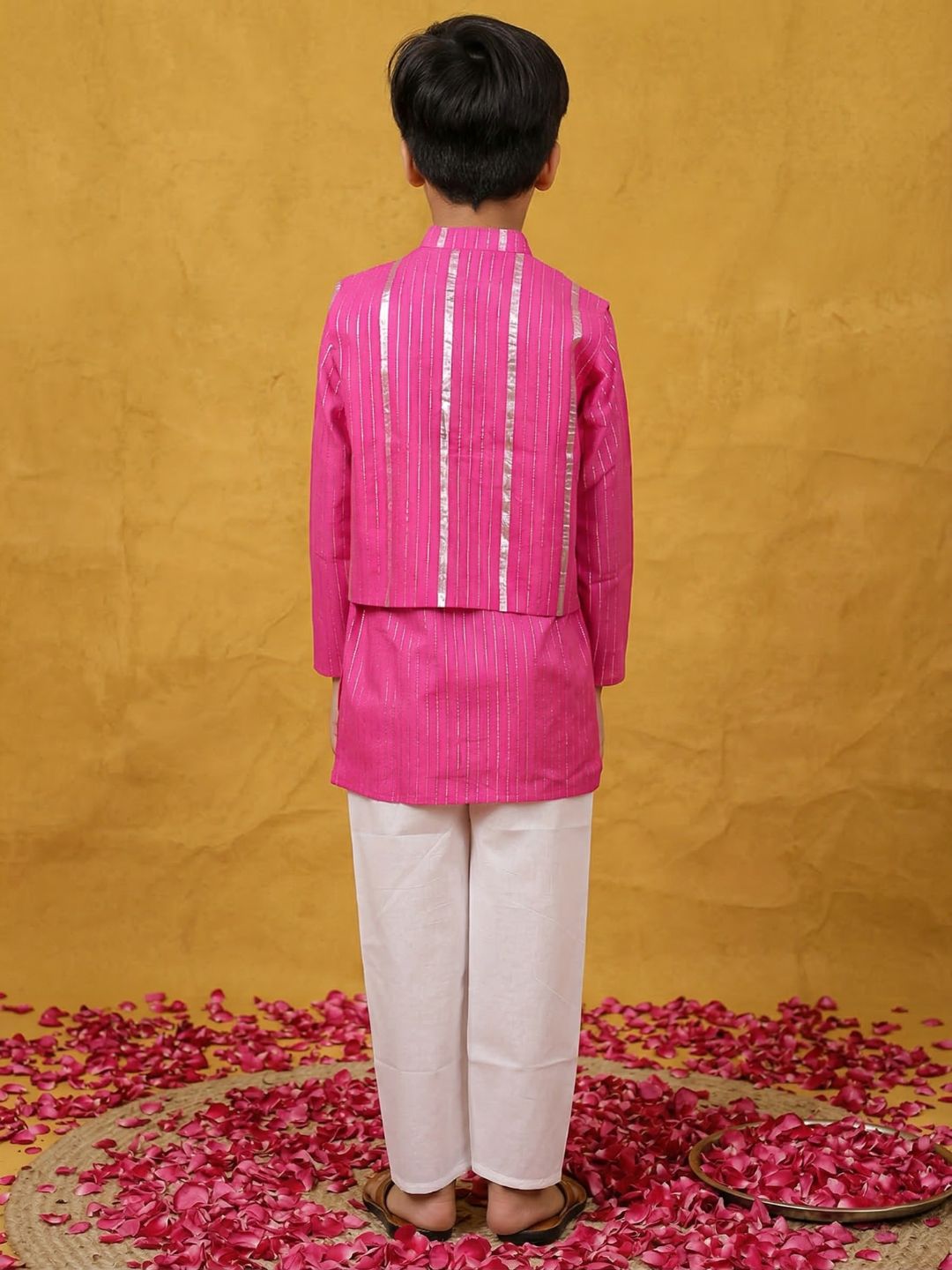 Pink Lurex Work Cotton Kurta Pyjama Waist Coat Set For Boys