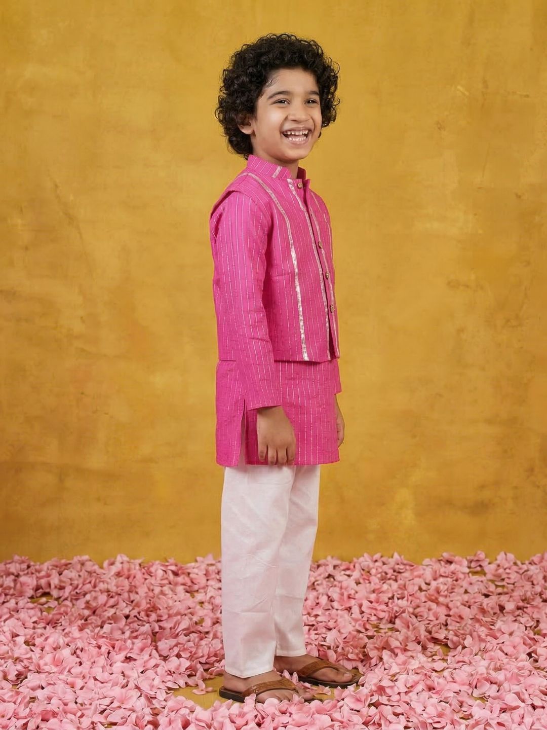 Pink Lurex Work Cotton Full Sleeve Kurta Pyjama With Waist Coat Set For Kids Boys