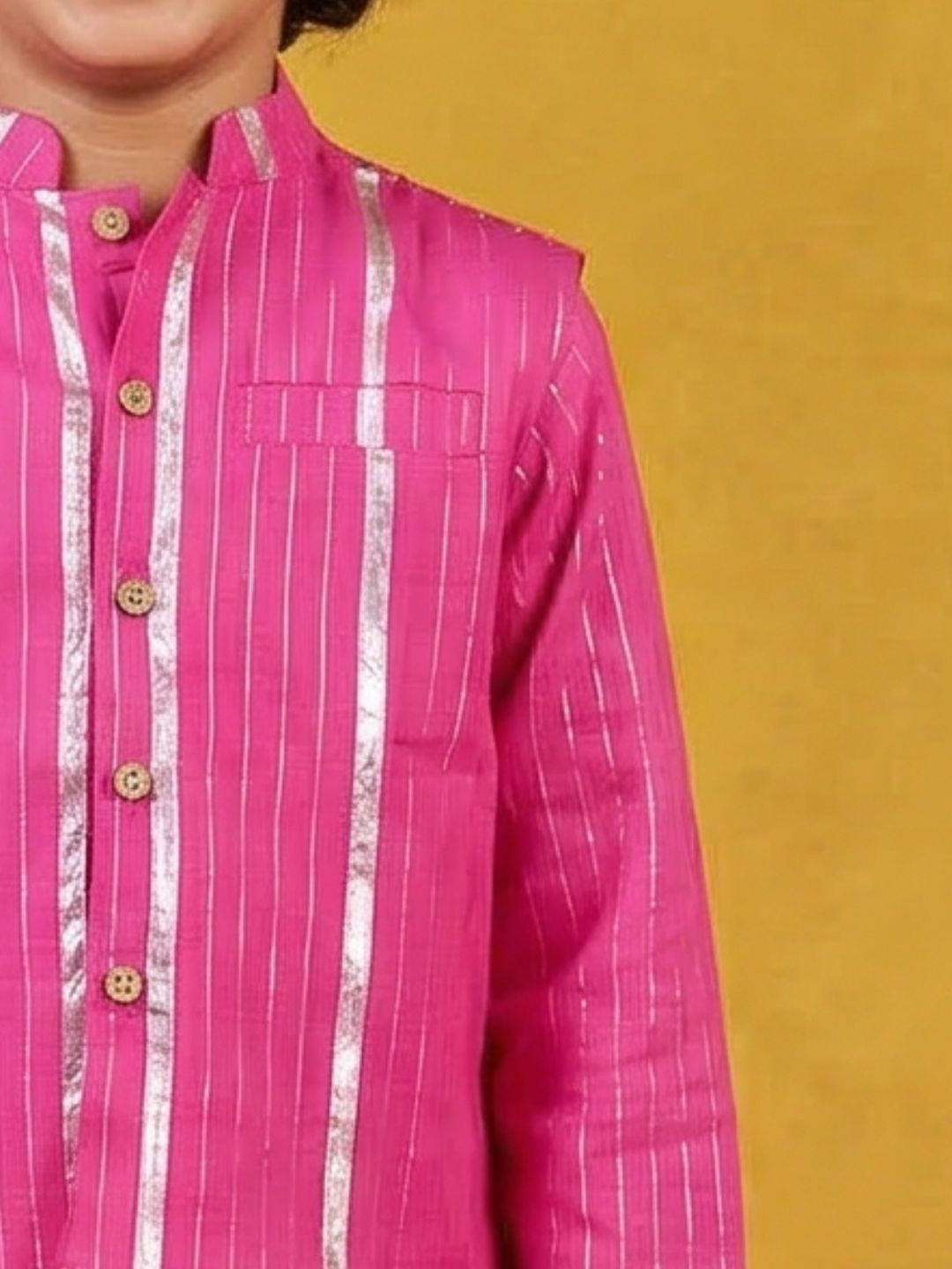 Pink Lurex Work Cotton Full Sleeve Kurta Pyjama With Waist Coat Set For Kids Boys