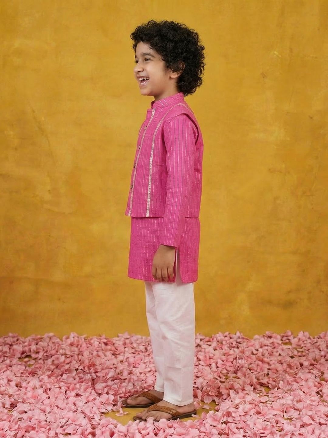 Pink Lurex Work Cotton Full Sleeve Kurta Pyjama With Waist Coat Set For Kids Boys